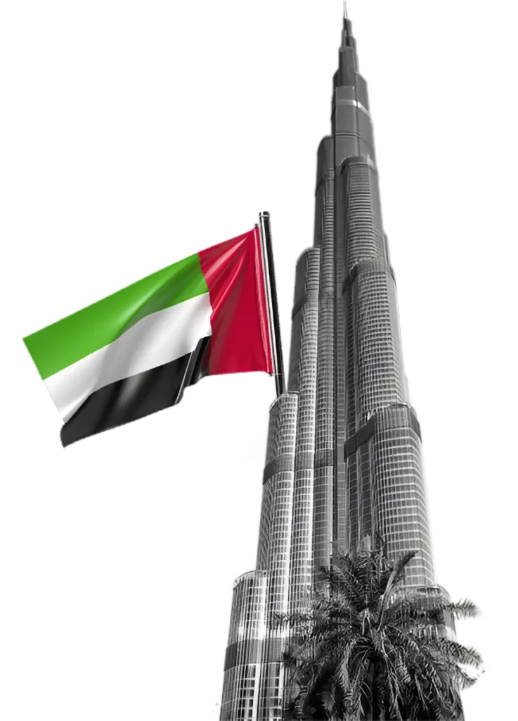 Burj Al Khalifa in Dubai illuminated with the vibrant UAE Flag, symbolizing national pride.