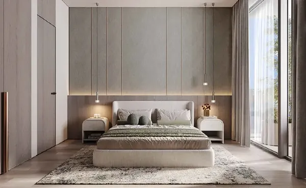 A beautifully designed bedroom in Cove Edition 3 Apartments at Dubailand by Imtiaz Developers, featuring elegant interiors and a cozy ambiance.