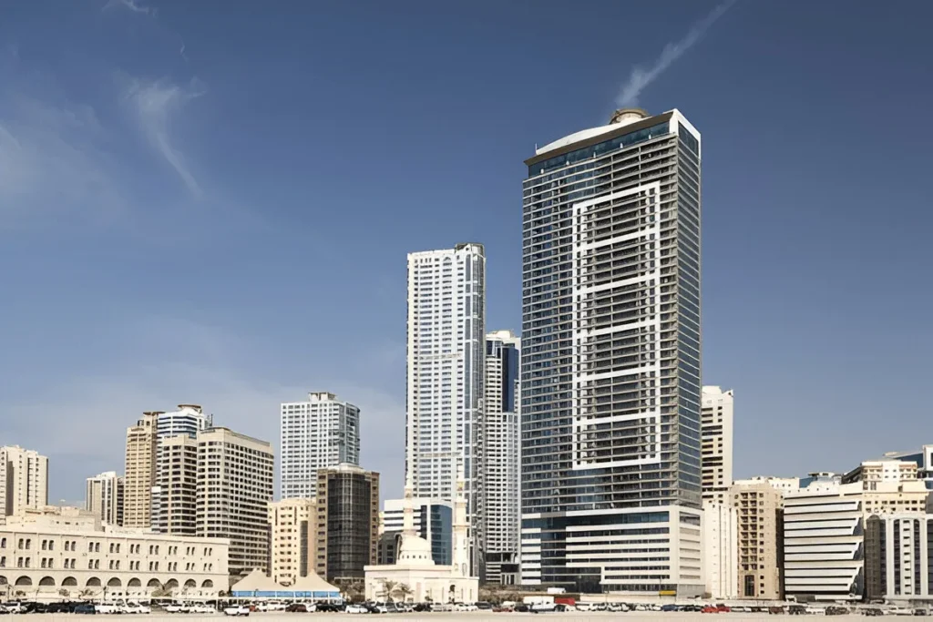 A scenic view of Al Nahda 1, Dubai, showcasing modern buildings and a bustling neighborhood near the Dubai-Sharjah border.