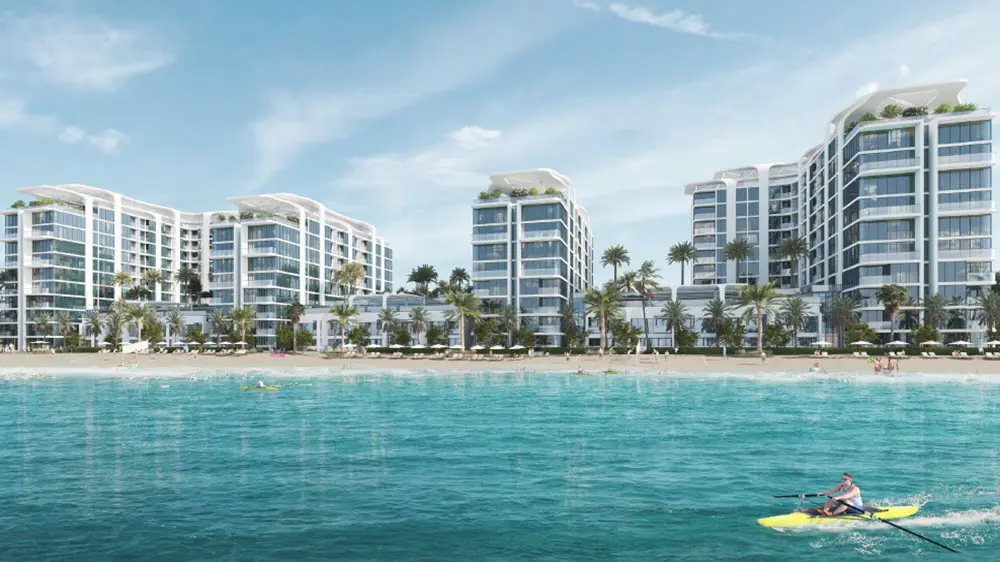 Florine Beach Residences at Siniya Island by Sobha Realty featuring luxurious 1, 2, and 3-bedroom beachfront apartments with stunning sea views.