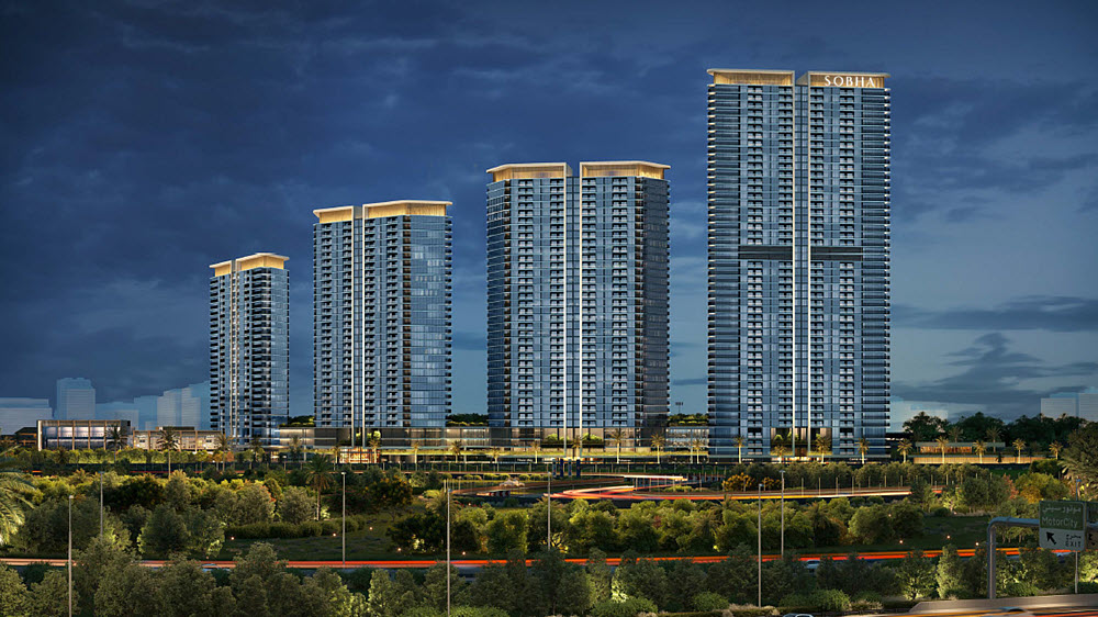 A stunning view of Sobha Solis Tower B at Motor City, an off-plan project by Sobha Realty, featuring modern architecture and world-class amenities.