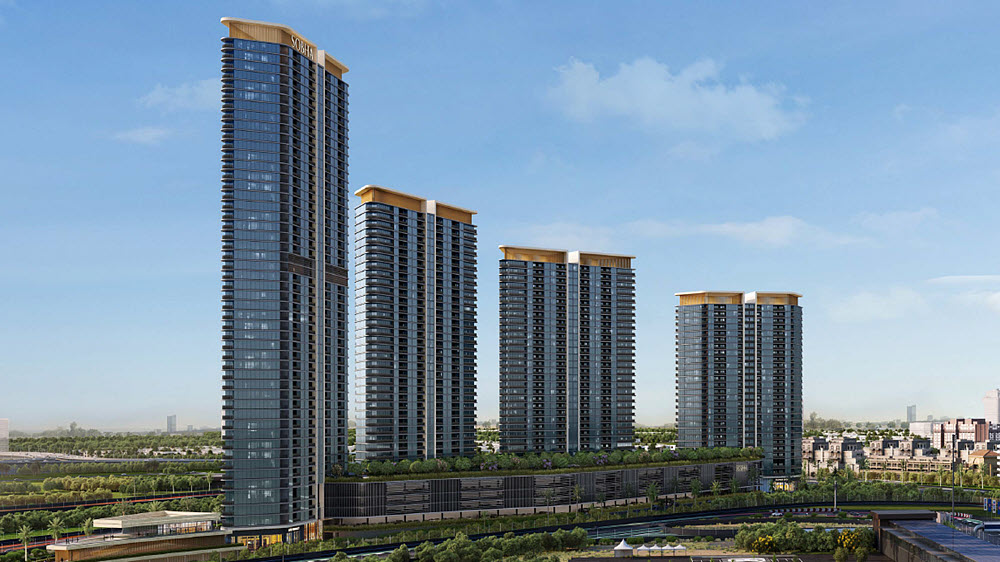 A stunning view of Sobha Solis Tower D at Motor City, an off-plan project by Sobha Realty, featuring modern architecture and world-class amenities.