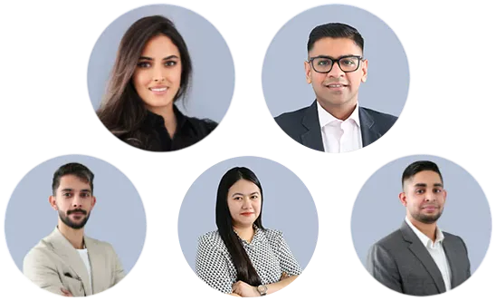 Pin Homes Real Estate LLC team picture featuring co-founders Rahul Dubey and Rokia Bouzid, along with three other team members, showcasing their expertise in Dubai's real estate market.